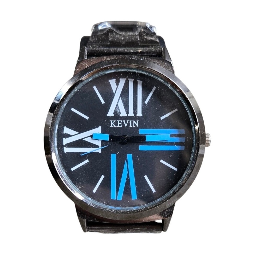 Kevin 2236 Analog Watch Mens 40mm Black Blue Roman Numeral Link Band Unused